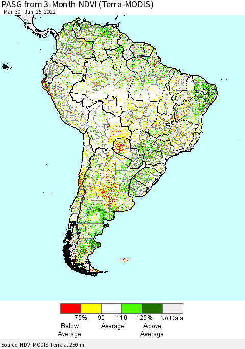 South America PASG from 3-Month NDVI (Terra-MODIS) Thematic Map For 6/18/2022 - 6/25/2022