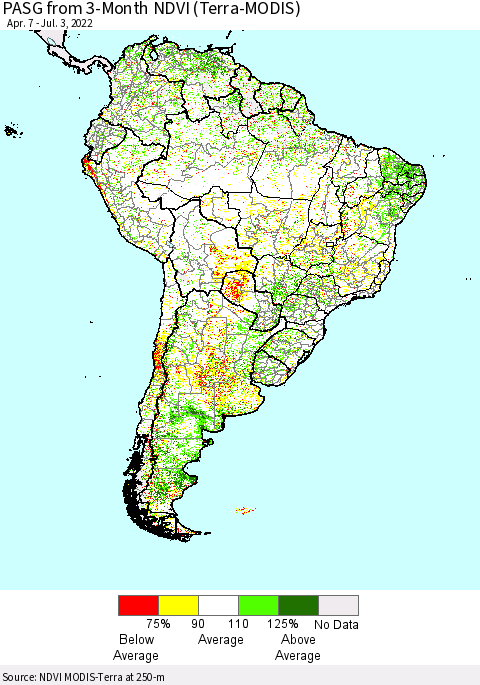 South America PASG from 3-Month NDVI (Terra-MODIS) Thematic Map For 6/26/2022 - 7/3/2022