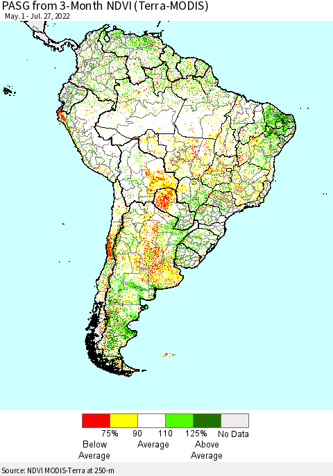 South America PASG from 3-Month NDVI (Terra-MODIS) Thematic Map For 7/20/2022 - 7/27/2022