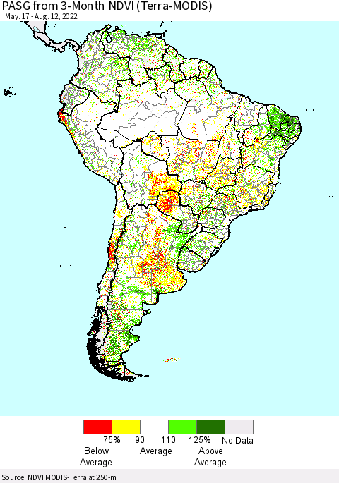 South America PASG from 3-Month NDVI (Terra-MODIS) Thematic Map For 8/5/2022 - 8/12/2022