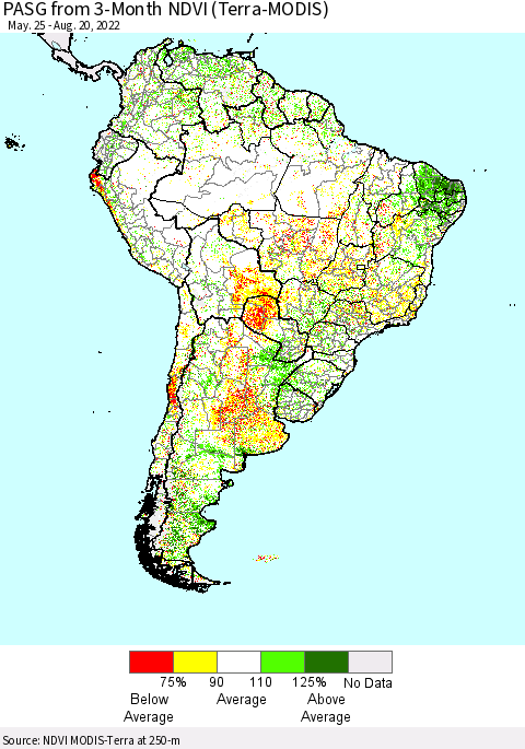 South America PASG from 3-Month NDVI (Terra-MODIS) Thematic Map For 8/13/2022 - 8/20/2022