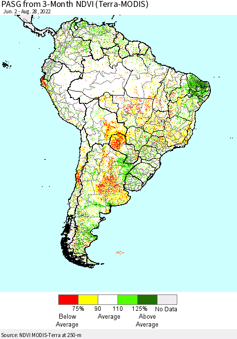 South America PASG from 3-Month NDVI (Terra-MODIS) Thematic Map For 8/21/2022 - 8/28/2022