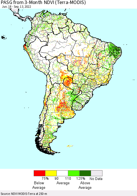 South America PASG from 3-Month NDVI (Terra-MODIS) Thematic Map For 9/6/2022 - 9/13/2022