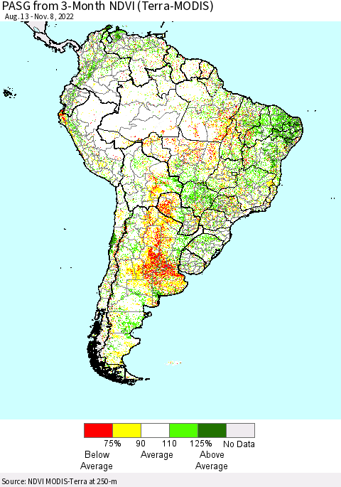 South America PASG from 3-Month NDVI (Terra-MODIS) Thematic Map For 11/1/2022 - 11/8/2022