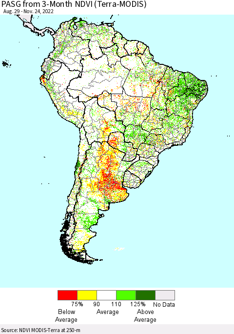 South America PASG from 3-Month NDVI (Terra-MODIS) Thematic Map For 11/17/2022 - 11/24/2022