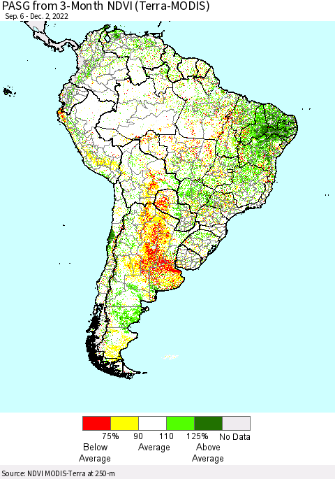 South America PASG from 3-Month NDVI (Terra-MODIS) Thematic Map For 11/25/2022 - 12/2/2022