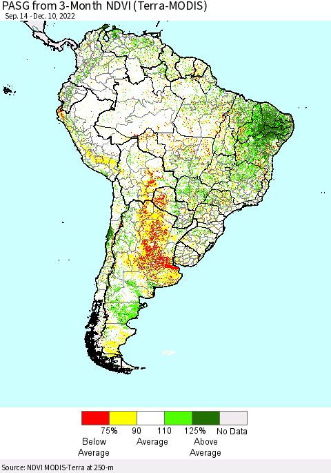 South America PASG from 3-Month NDVI (Terra-MODIS) Thematic Map For 12/3/2022 - 12/10/2022