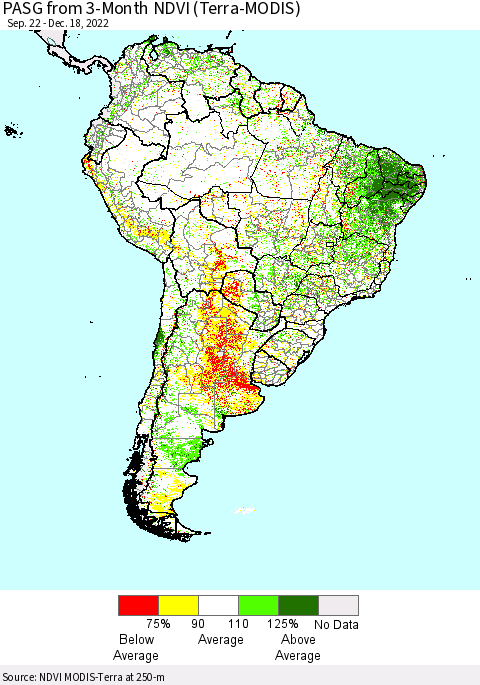 South America PASG from 3-Month NDVI (Terra-MODIS) Thematic Map For 12/11/2022 - 12/18/2022