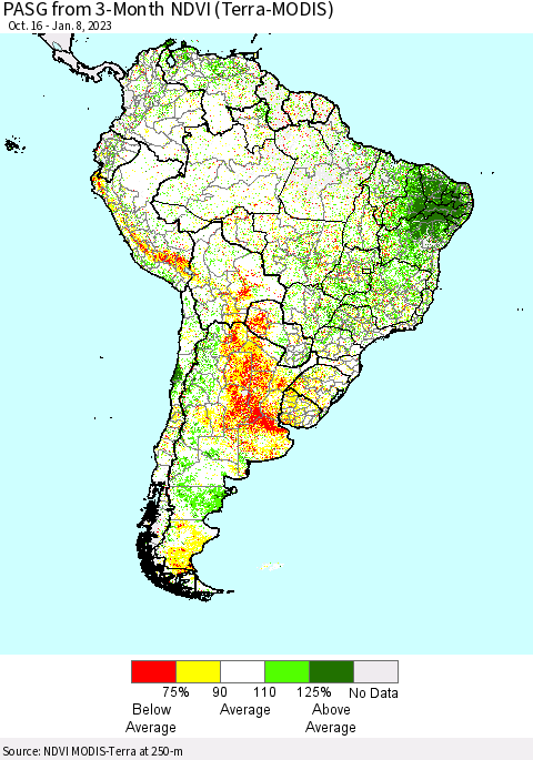 South America PASG from 3-Month NDVI (Terra-MODIS) Thematic Map For 1/1/2023 - 1/8/2023