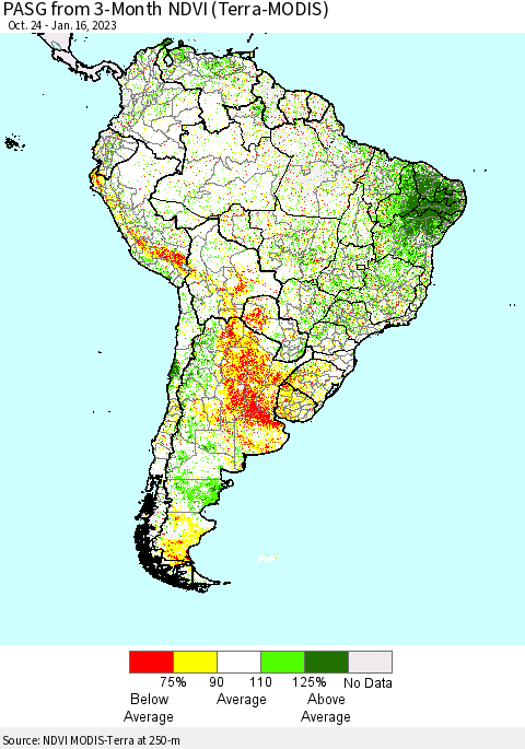 South America PASG from 3-Month NDVI (Terra-MODIS) Thematic Map For 1/9/2023 - 1/16/2023