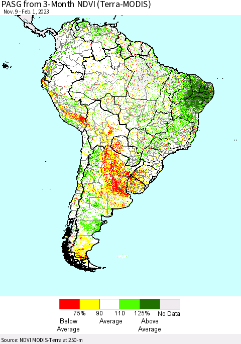 South America PASG from 3-Month NDVI (Terra-MODIS) Thematic Map For 1/25/2023 - 2/1/2023