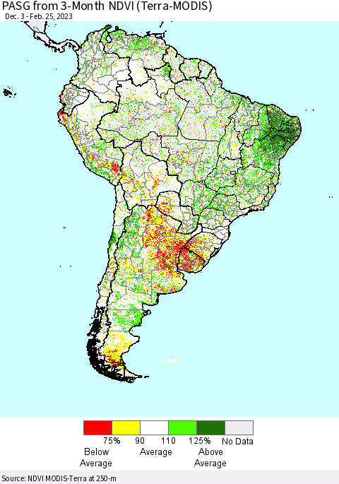 South America PASG from 3-Month NDVI (Terra-MODIS) Thematic Map For 2/18/2023 - 2/25/2023