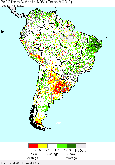 South America PASG from 3-Month NDVI (Terra-MODIS) Thematic Map For 2/26/2023 - 3/5/2023