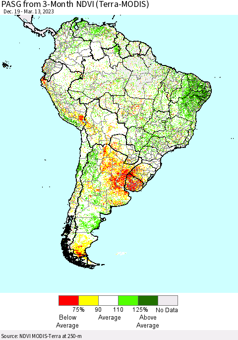 South America PASG from 3-Month NDVI (Terra-MODIS) Thematic Map For 3/6/2023 - 3/13/2023