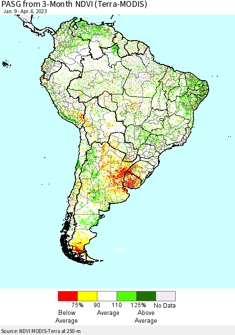 South America PASG from 3-Month NDVI (Terra-MODIS) Thematic Map For 3/30/2023 - 4/6/2023