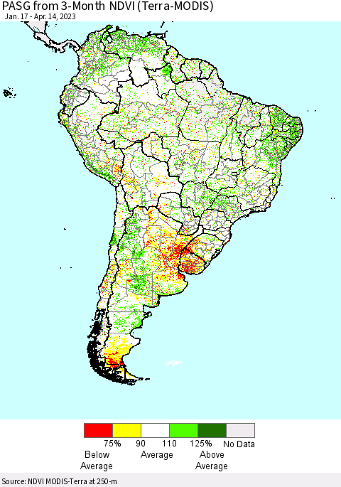 South America PASG from 3-Month NDVI (Terra-MODIS) Thematic Map For 4/7/2023 - 4/14/2023