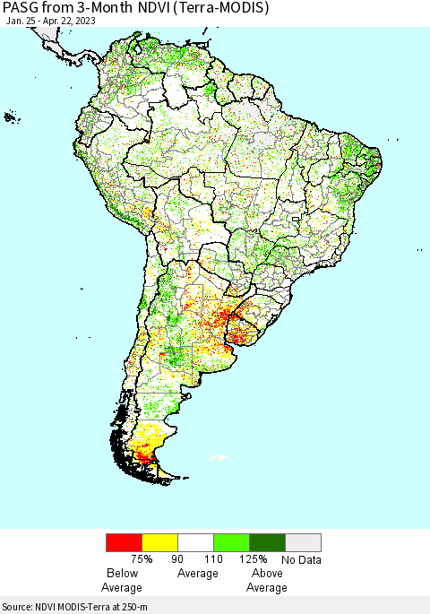 South America PASG from 3-Month NDVI (Terra-MODIS) Thematic Map For 4/15/2023 - 4/22/2023