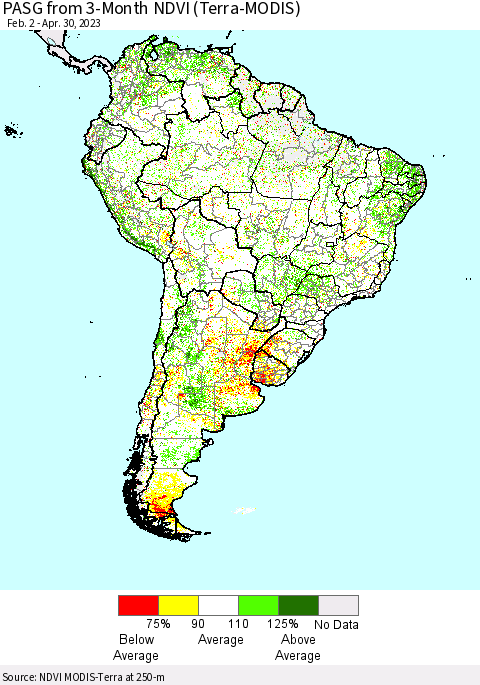 South America PASG from 3-Month NDVI (Terra-MODIS) Thematic Map For 4/23/2023 - 4/30/2023