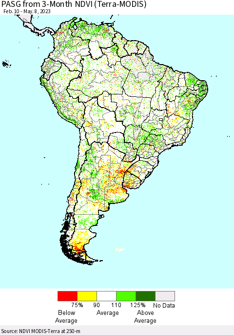 South America PASG from 3-Month NDVI (Terra-MODIS) Thematic Map For 5/1/2023 - 5/8/2023