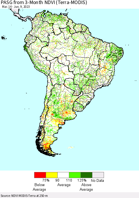 South America PASG from 3-Month NDVI (Terra-MODIS) Thematic Map For 6/2/2023 - 6/9/2023