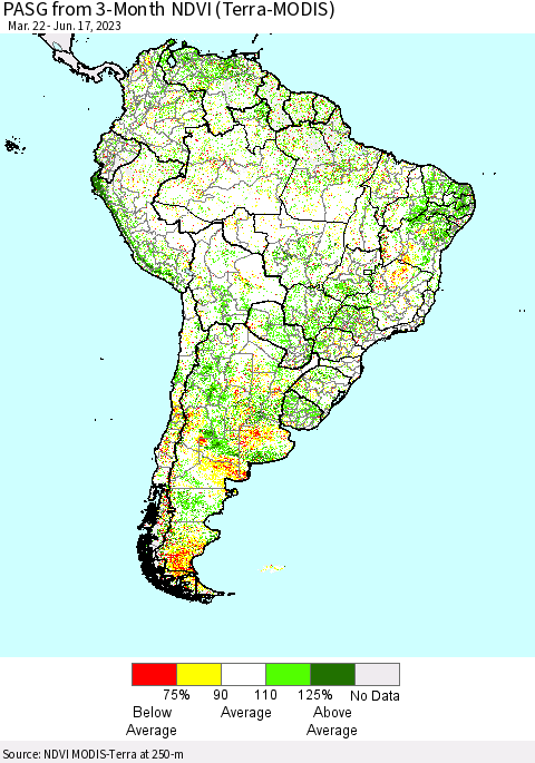 South America PASG from 3-Month NDVI (Terra-MODIS) Thematic Map For 6/10/2023 - 6/17/2023