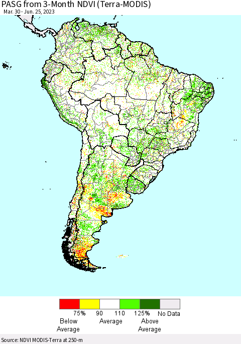 South America PASG from 3-Month NDVI (Terra-MODIS) Thematic Map For 6/18/2023 - 6/25/2023