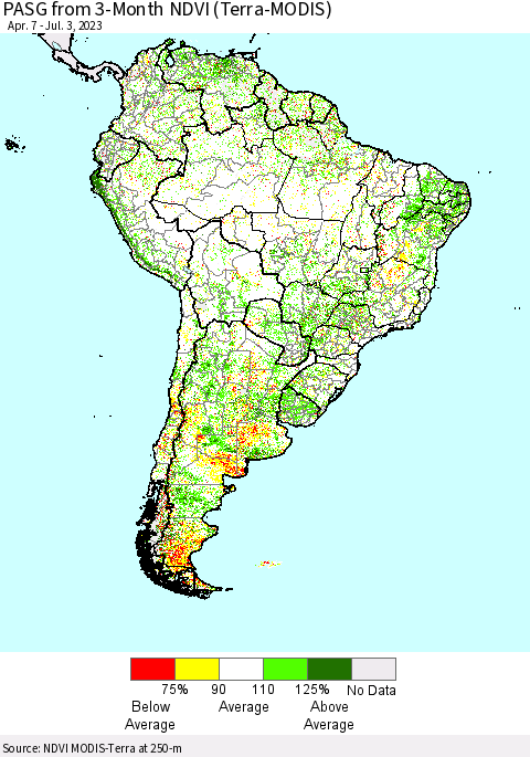South America PASG from 3-Month NDVI (Terra-MODIS) Thematic Map For 6/26/2023 - 7/3/2023