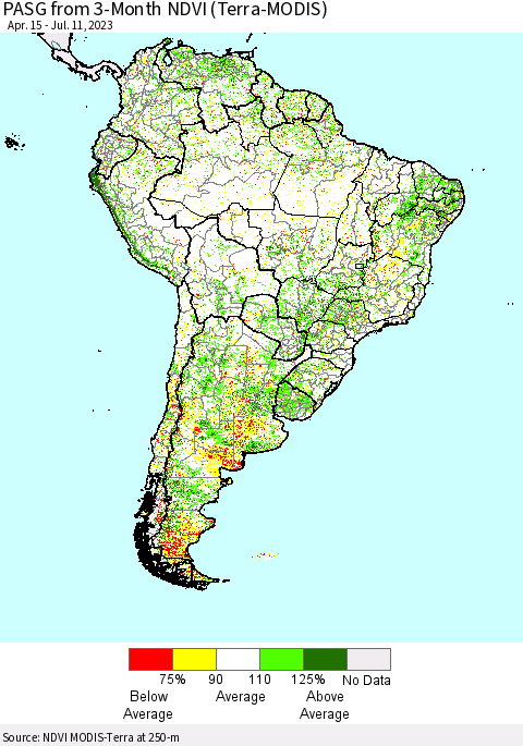 South America PASG from 3-Month NDVI (Terra-MODIS) Thematic Map For 7/4/2023 - 7/11/2023