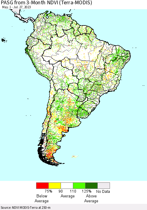 South America PASG from 3-Month NDVI (Terra-MODIS) Thematic Map For 7/20/2023 - 7/27/2023