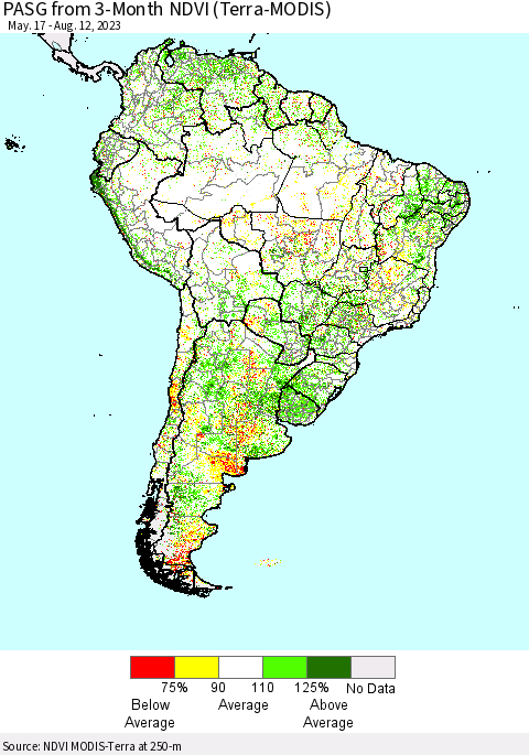 South America PASG from 3-Month NDVI (Terra-MODIS) Thematic Map For 8/5/2023 - 8/12/2023