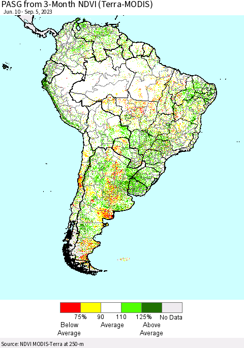 South America PASG from 3-Month NDVI (Terra-MODIS) Thematic Map For 8/29/2023 - 9/5/2023