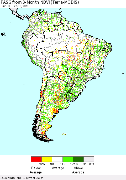 South America PASG from 3-Month NDVI (Terra-MODIS) Thematic Map For 9/6/2023 - 9/13/2023