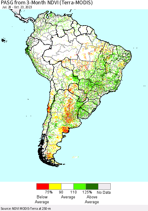 South America PASG from 3-Month NDVI (Terra-MODIS) Thematic Map For 10/16/2023 - 10/23/2023