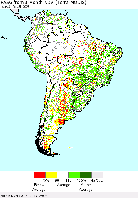 South America PASG from 3-Month NDVI (Terra-MODIS) Thematic Map For 10/24/2023 - 10/31/2023