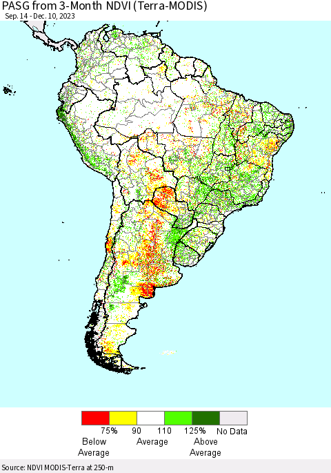 South America PASG from 3-Month NDVI (Terra-MODIS) Thematic Map For 12/3/2023 - 12/10/2023