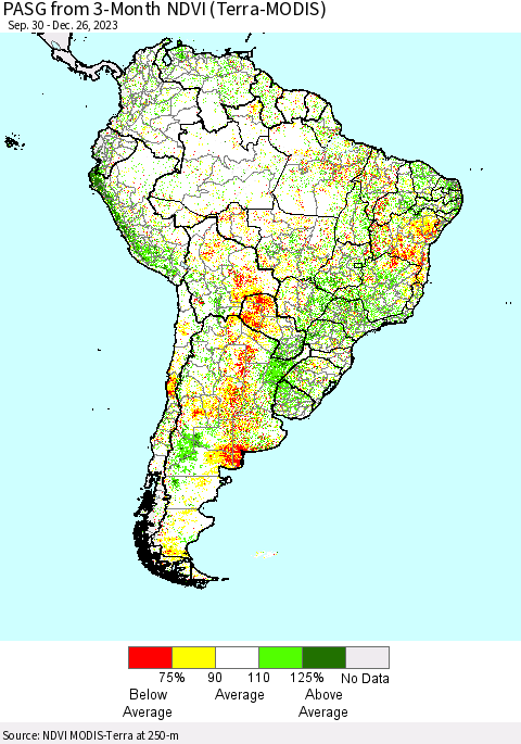 South America PASG from 3-Month NDVI (Terra-MODIS) Thematic Map For 12/19/2023 - 12/26/2023