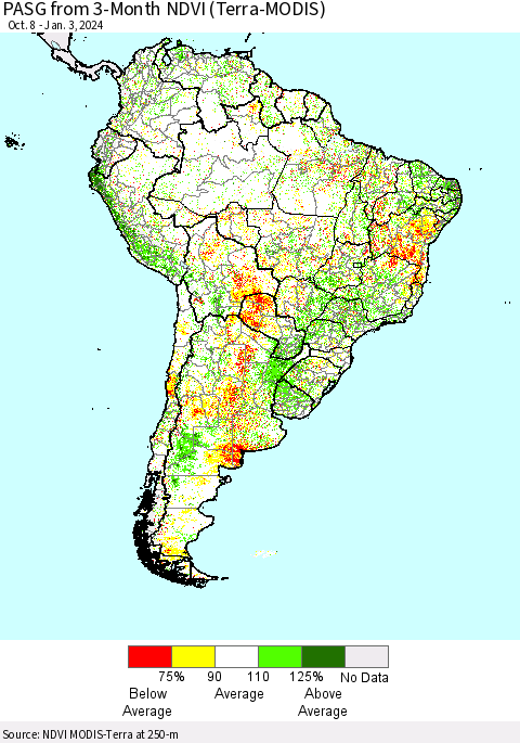 South America PASG from 3-Month NDVI (Terra-MODIS) Thematic Map For 12/27/2023 - 1/3/2024