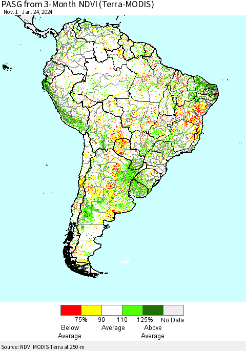 South America PASG from 3-Month NDVI (Terra-MODIS) Thematic Map For 1/17/2024 - 1/24/2024