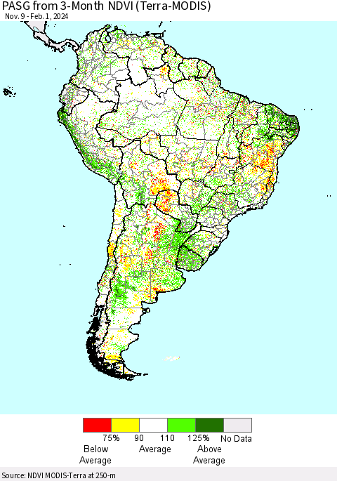 South America PASG from 3-Month NDVI (Terra-MODIS) Thematic Map For 1/25/2024 - 2/1/2024