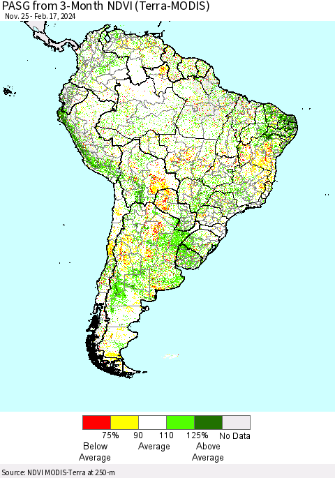 South America PASG from 3-Month NDVI (Terra-MODIS) Thematic Map For 2/10/2024 - 2/17/2024