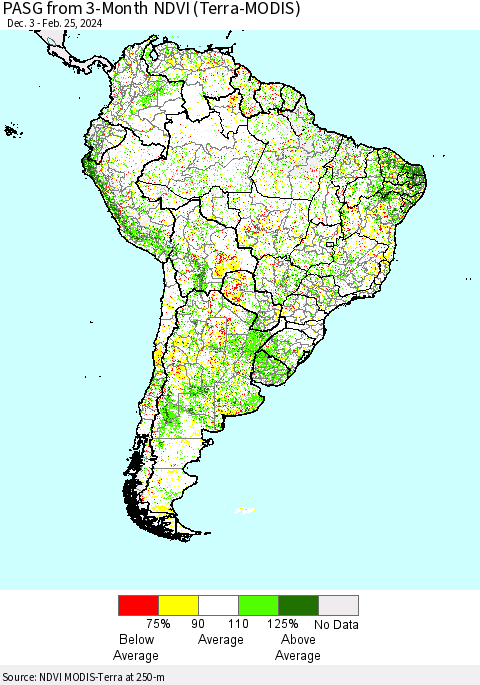 South America PASG from 3-Month NDVI (Terra-MODIS) Thematic Map For 2/18/2024 - 2/25/2024