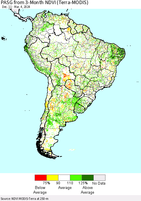 South America PASG from 3-Month NDVI (Terra-MODIS) Thematic Map For 2/26/2024 - 3/4/2024