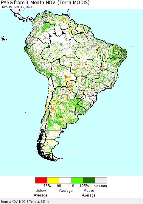 South America PASG from 3-Month NDVI (Terra-MODIS) Thematic Map For 3/5/2024 - 3/12/2024