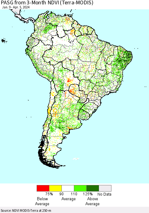 South America PASG from 3-Month NDVI (Terra-MODIS) Thematic Map For 3/29/2024 - 4/5/2024