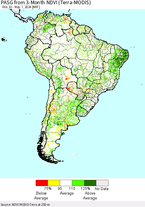 South America PASG from 3-Month NDVI (Terra-MODIS) Thematic Map For 4/30/2024 - 5/7/2024