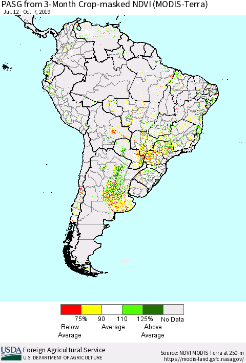 South America PASG from 3-Month Cropland NDVI (Terra-MODIS) Thematic Map For 10/1/2019 - 10/10/2019