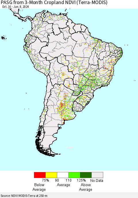 South America PASG from 3-Month Cropland NDVI (Terra-MODIS) Thematic Map For 1/1/2024 - 1/8/2024