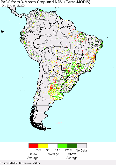 South America PASG from 3-Month Cropland NDVI (Terra-MODIS) Thematic Map For 1/9/2024 - 1/16/2024