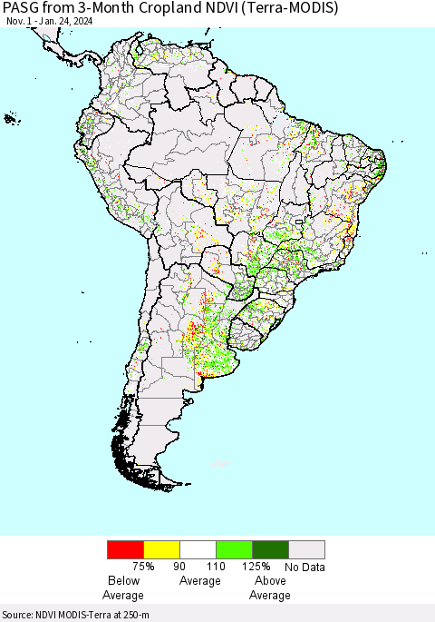 South America PASG from 3-Month Cropland NDVI (Terra-MODIS) Thematic Map For 1/17/2024 - 1/24/2024