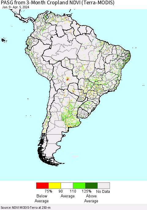 South America PASG from 3-Month Cropland NDVI (Terra-MODIS) Thematic Map For 3/29/2024 - 4/5/2024